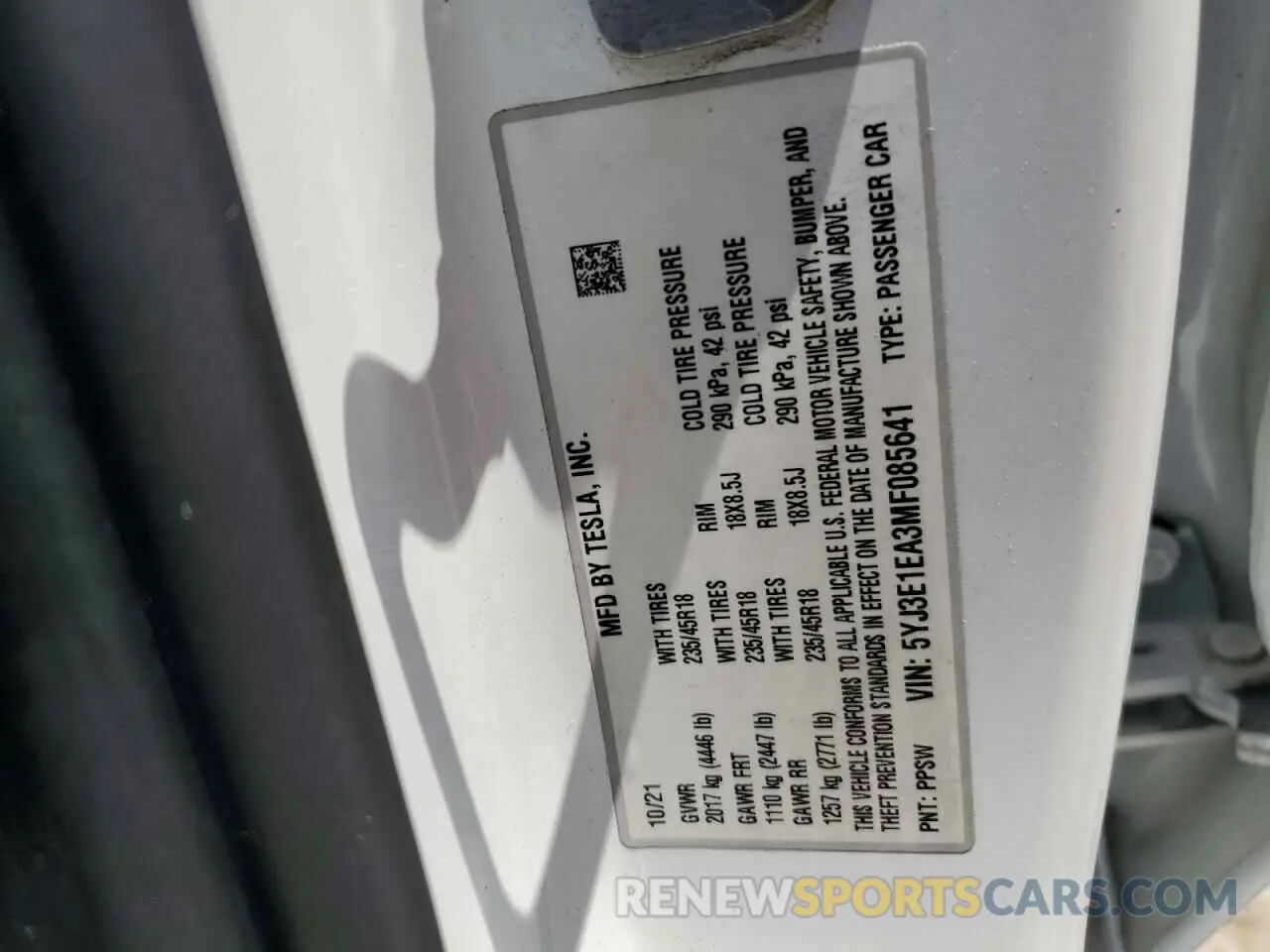 12 Фотография поврежденного автомобиля 5YJ3E1EA3MF085641 TESLA MODEL 3 2021