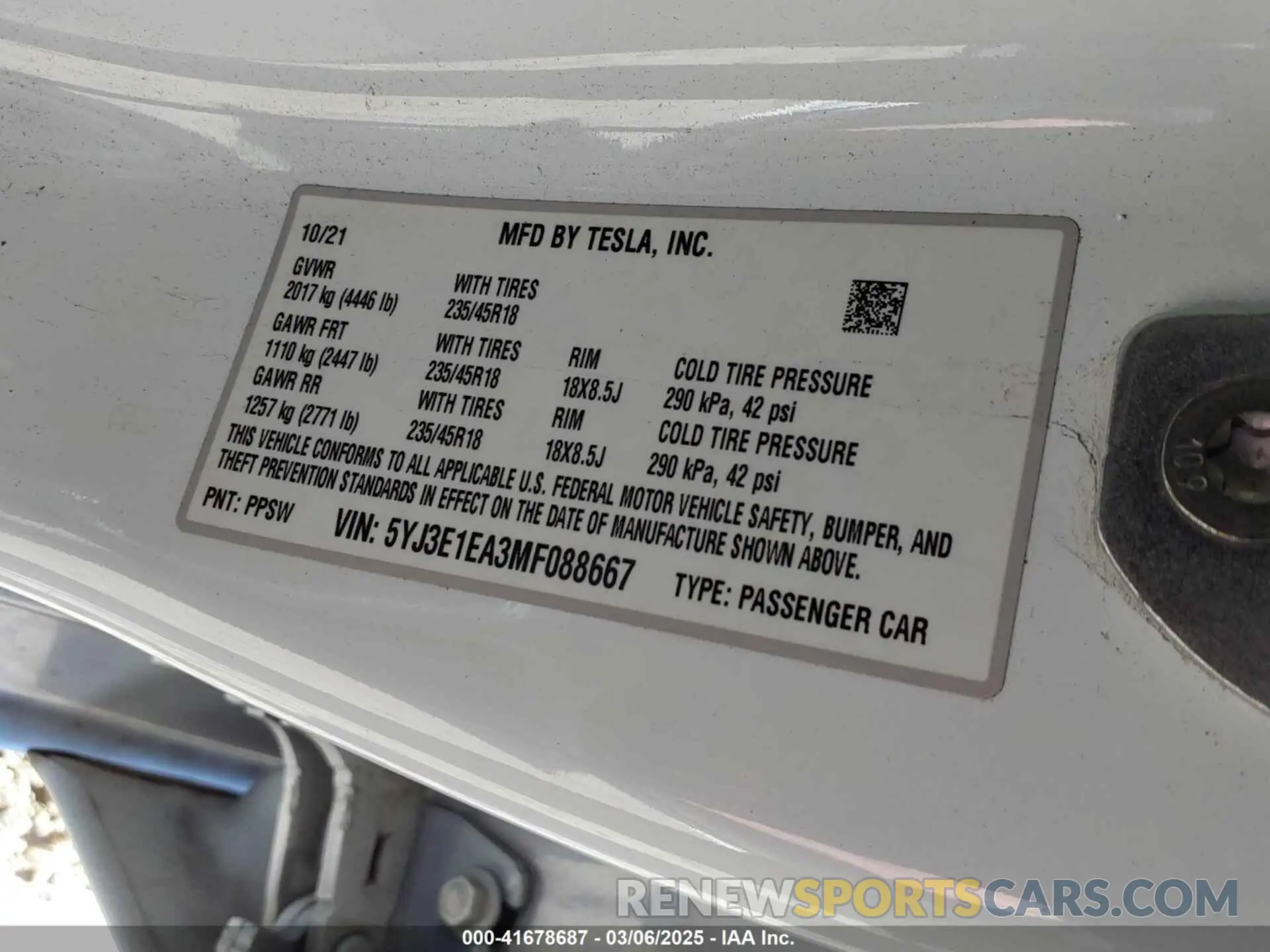 9 Фотография поврежденного автомобиля 5YJ3E1EA3MF088667 TESLA MODEL 3 2021
