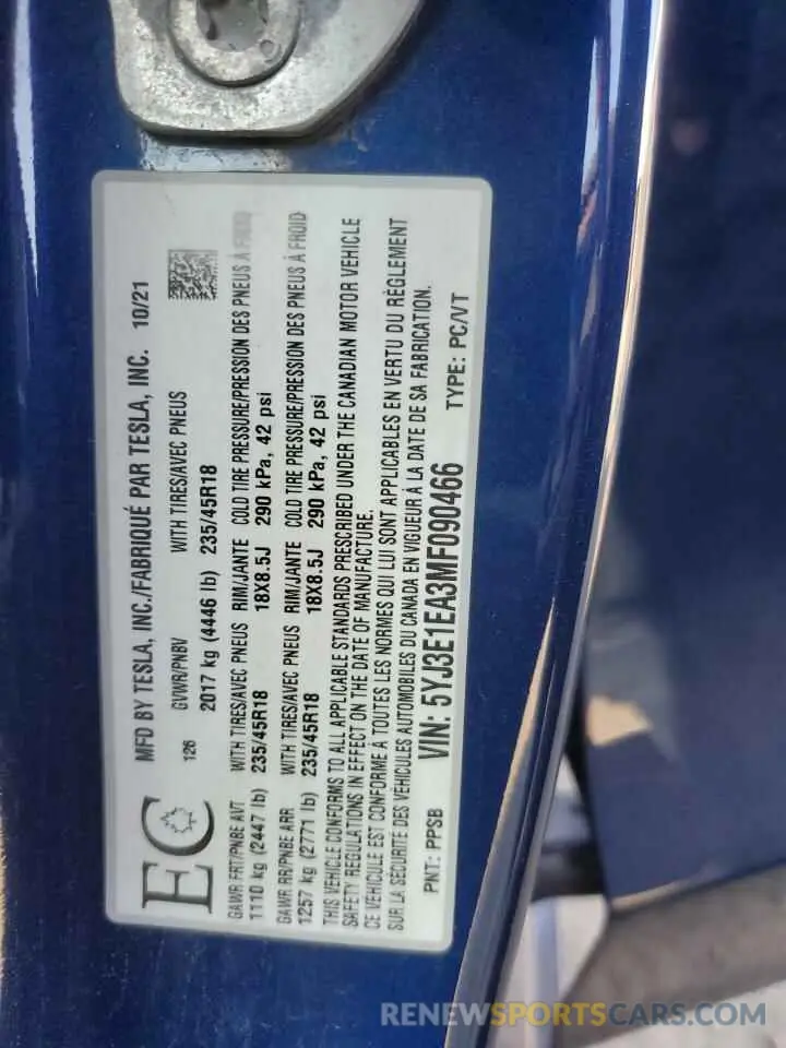 12 Фотография поврежденного автомобиля 5YJ3E1EA3MF090466 TESLA MODEL 3 2021