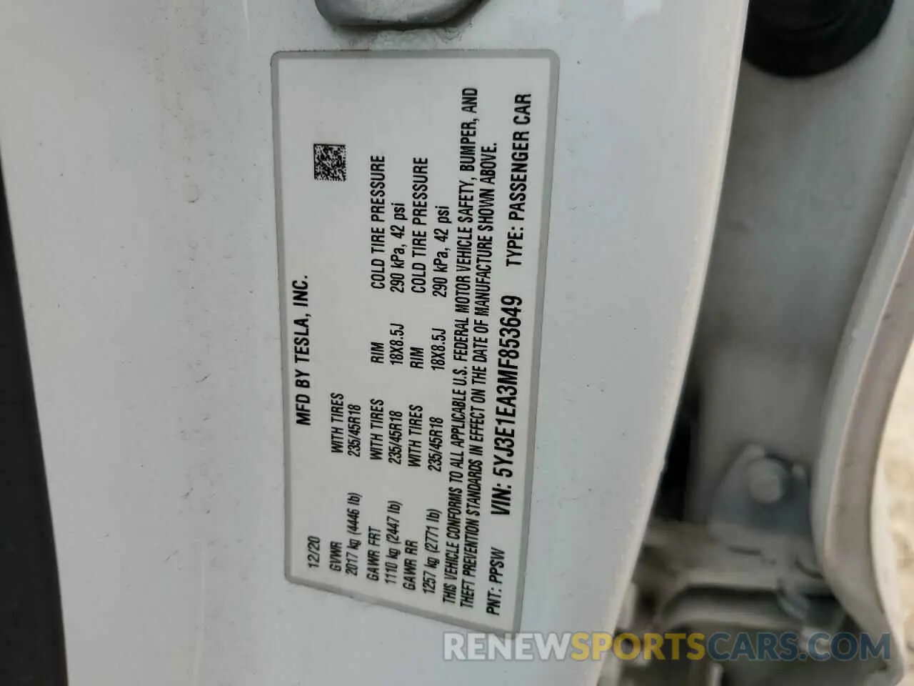 12 Photograph of a damaged car 5YJ3E1EA3MF853649 TESLA MODEL 3 2021