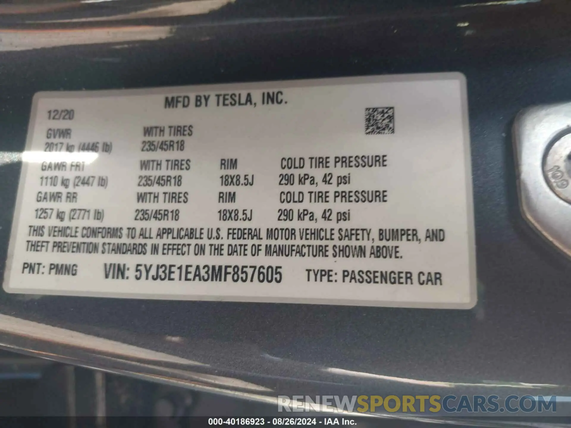 9 Photograph of a damaged car 5YJ3E1EA3MF857605 TESLA MODEL 3 2021