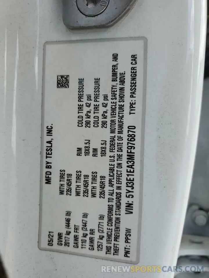 12 Фотография поврежденного автомобиля 5YJ3E1EA3MF976870 TESLA MODEL 3 2021