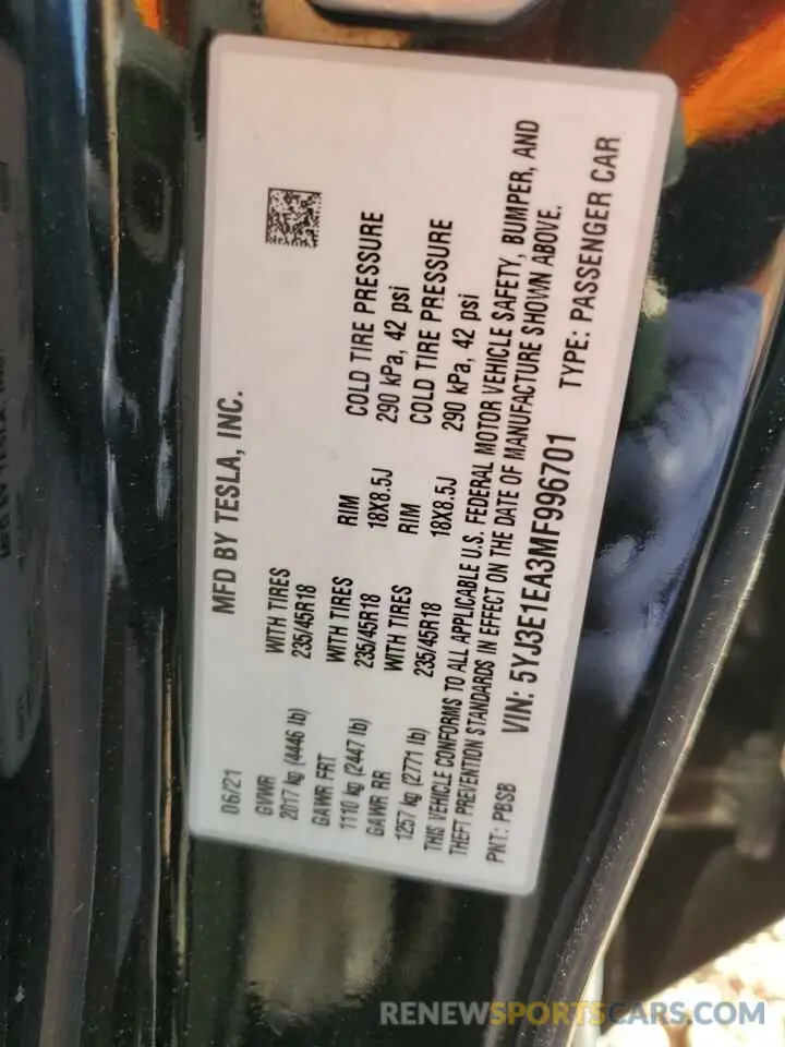 14 Фотография поврежденного автомобиля 5YJ3E1EA3MF996701 TESLA MODEL 3 2021