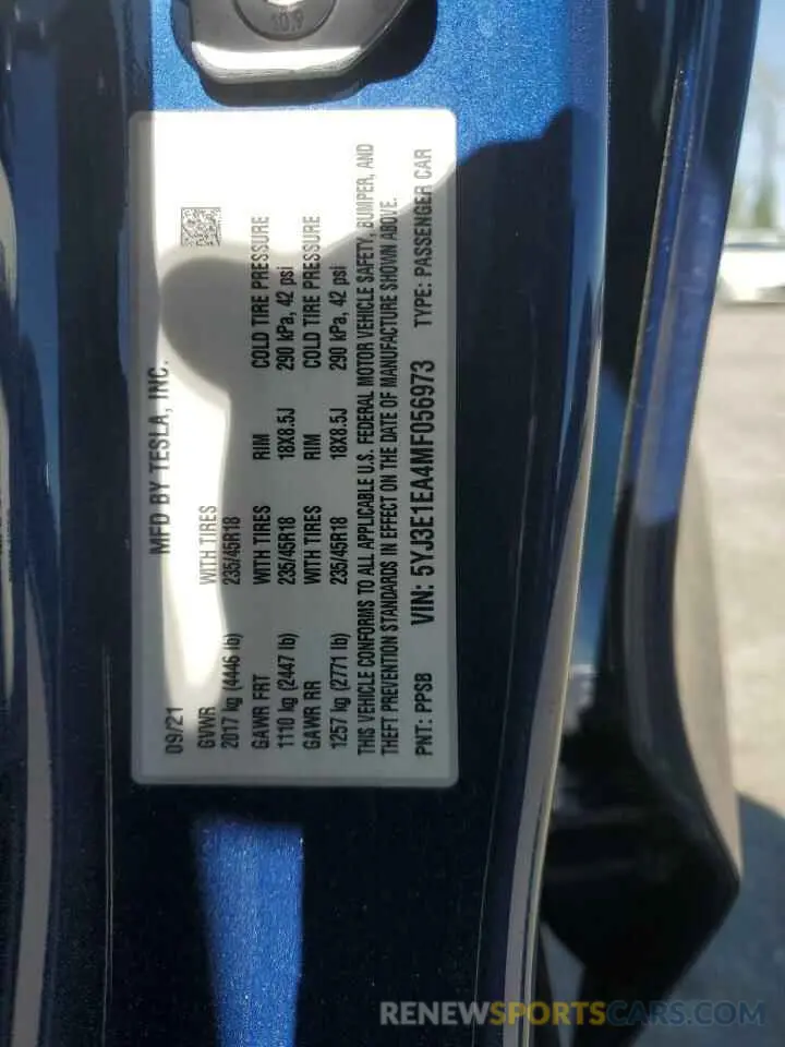 13 Фотография поврежденного автомобиля 5YJ3E1EA4MF056973 TESLA MODEL 3 2021