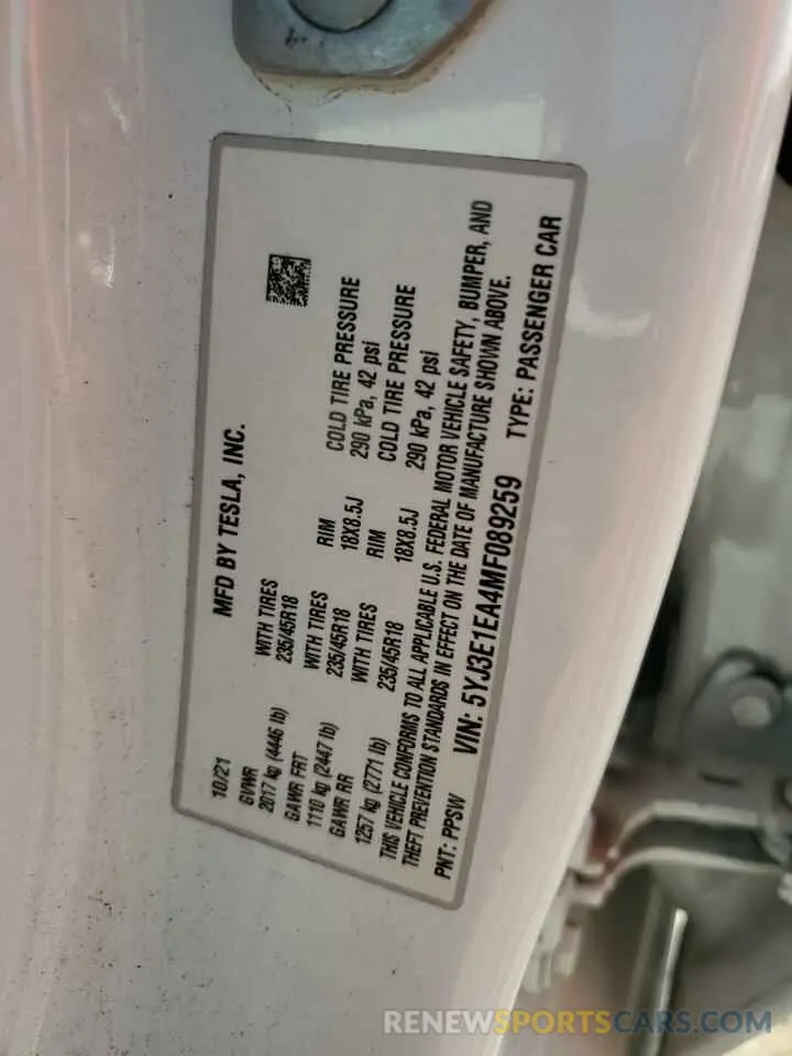 12 Фотография поврежденного автомобиля 5YJ3E1EA4MF089259 TESLA MODEL 3 2021