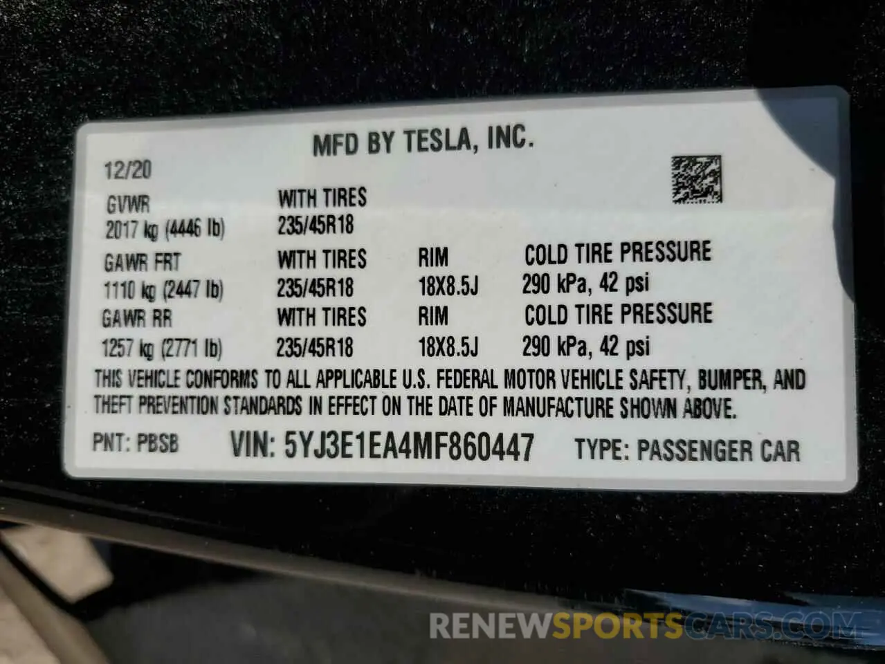 12 Фотография поврежденного автомобиля 5YJ3E1EA4MF860447 TESLA MODEL 3 2021