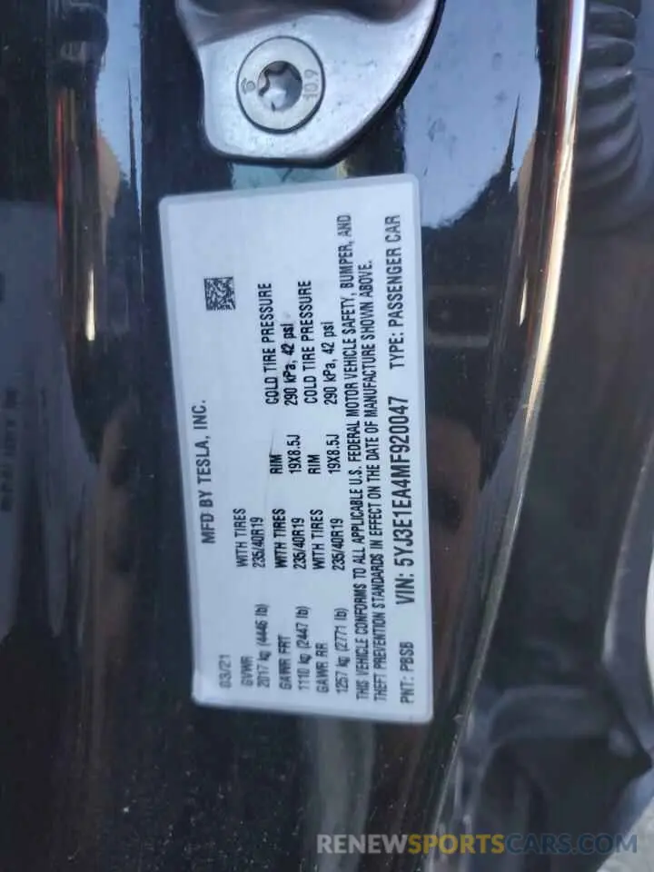 12 Photograph of a damaged car 5YJ3E1EA4MF920047 TESLA MODEL 3 2021