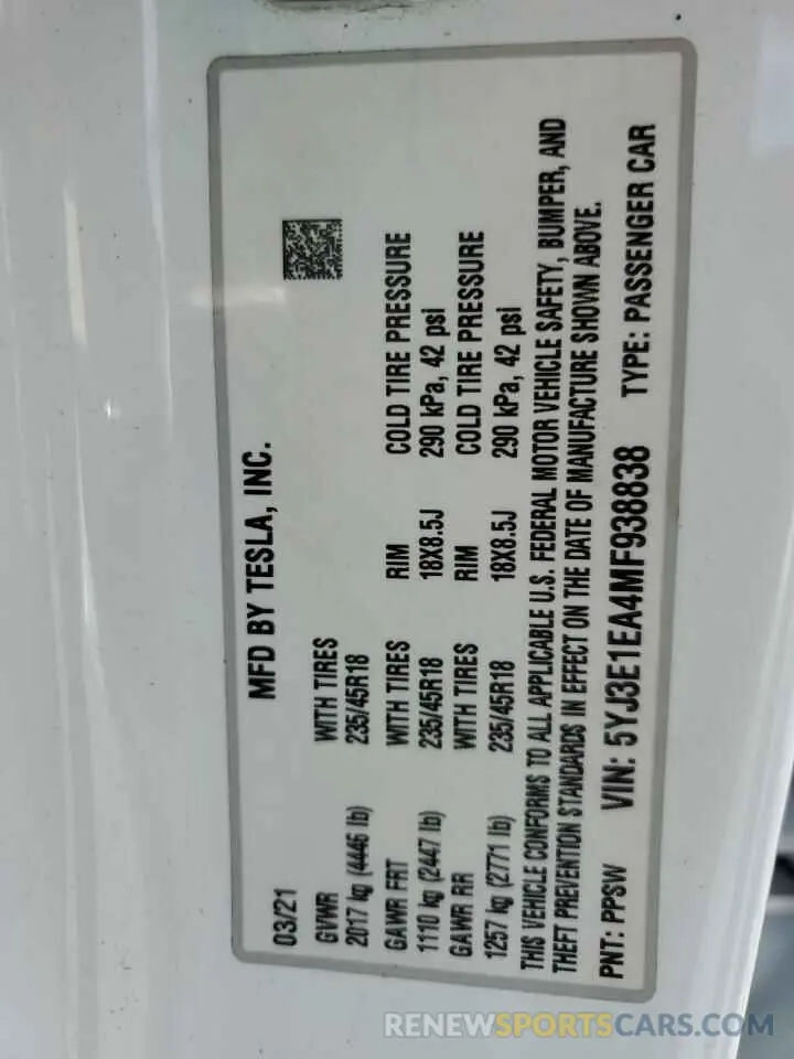 12 Фотография поврежденного автомобиля 5YJ3E1EA4MF938838 TESLA MODEL 3 2021