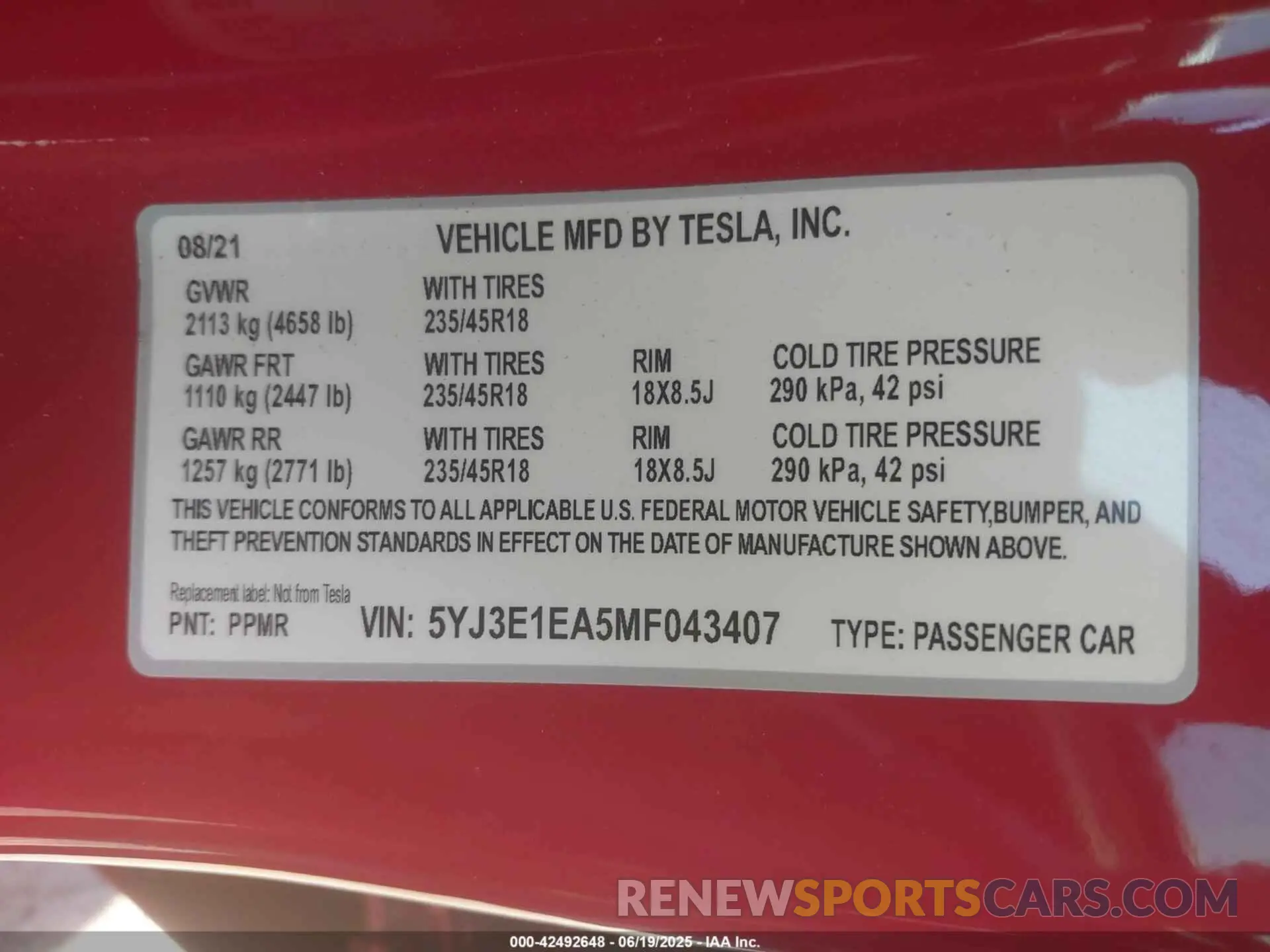 9 Photograph of a damaged car 5YJ3E1EA5MF043407 TESLA MODEL 3 2021