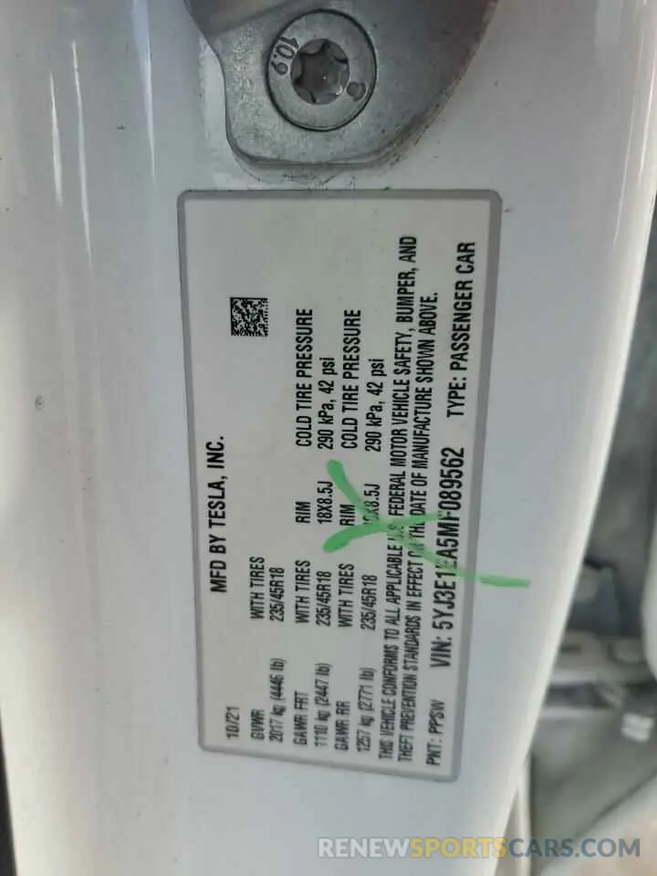13 Фотография поврежденного автомобиля 5YJ3E1EA5MF089562 TESLA MODEL 3 2021