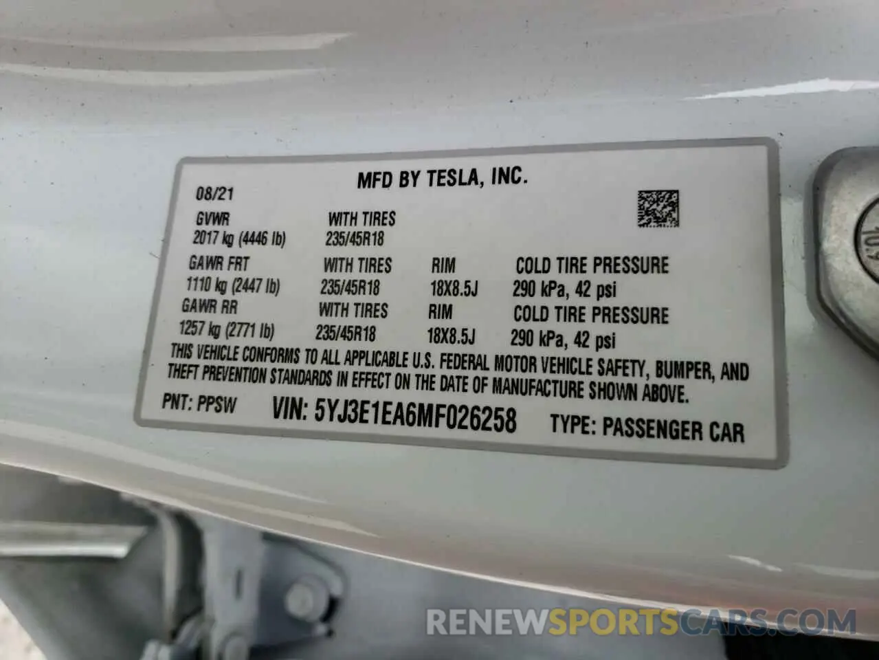 10 Photograph of a damaged car 5YJ3E1EA6MF026258 TESLA MODEL 3 2021