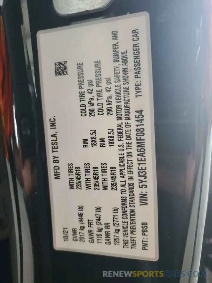 12 Фотография поврежденного автомобиля 5YJ3E1EA6MF081454 TESLA MODEL 3 2021