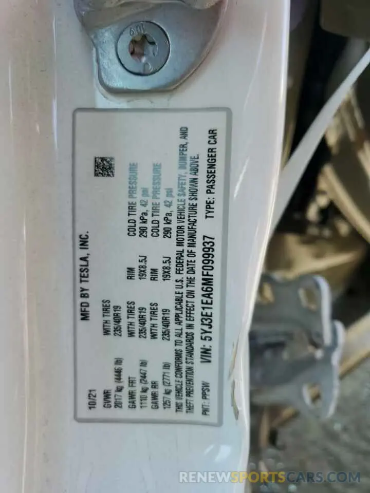 12 Photograph of a damaged car 5YJ3E1EA6MF099937 TESLA MODEL 3 2021
