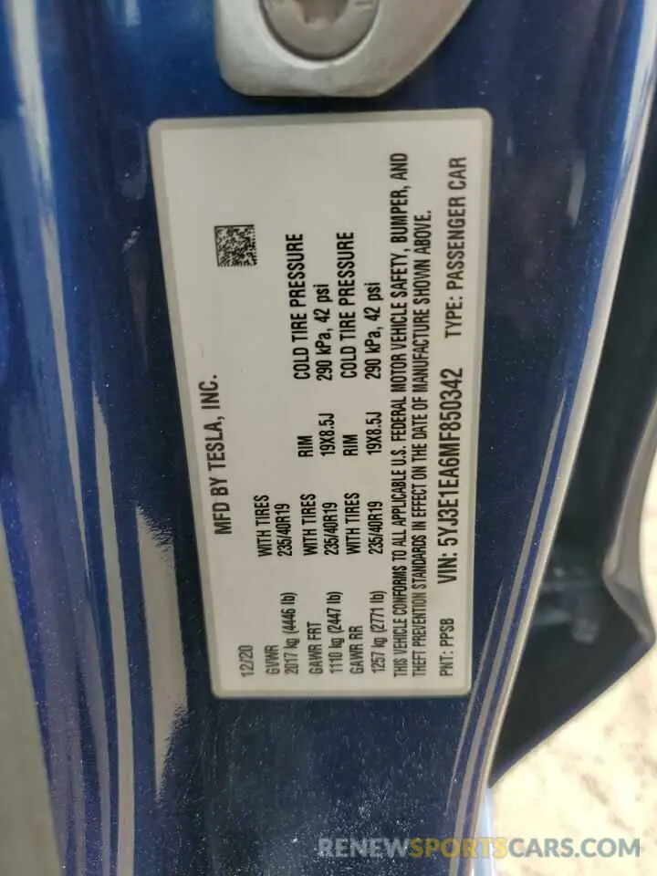 12 Фотография поврежденного автомобиля 5YJ3E1EA6MF850342 TESLA MODEL 3 2021