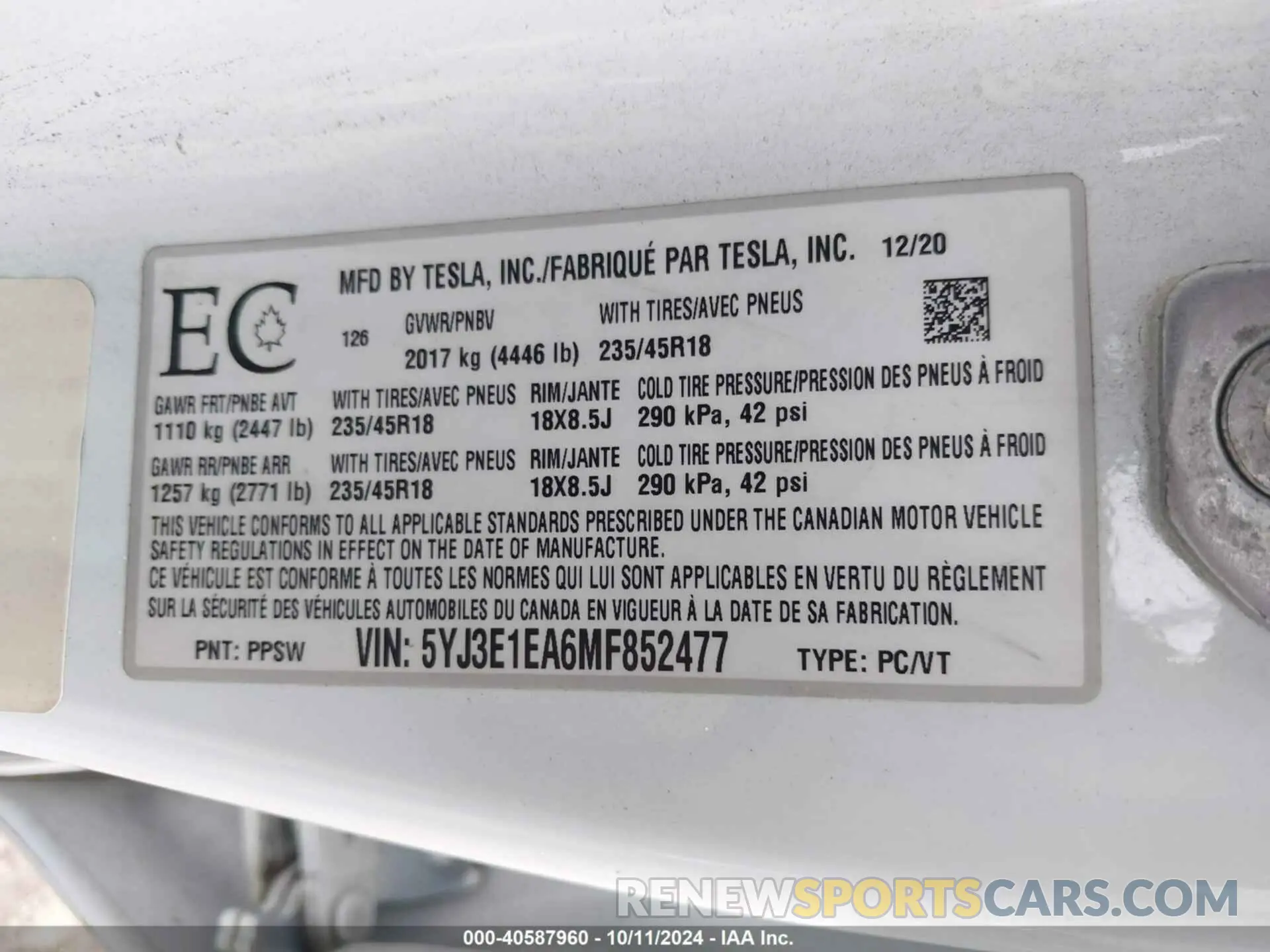 9 Photograph of a damaged car 5YJ3E1EA6MF852477 TESLA MODEL 3 2021