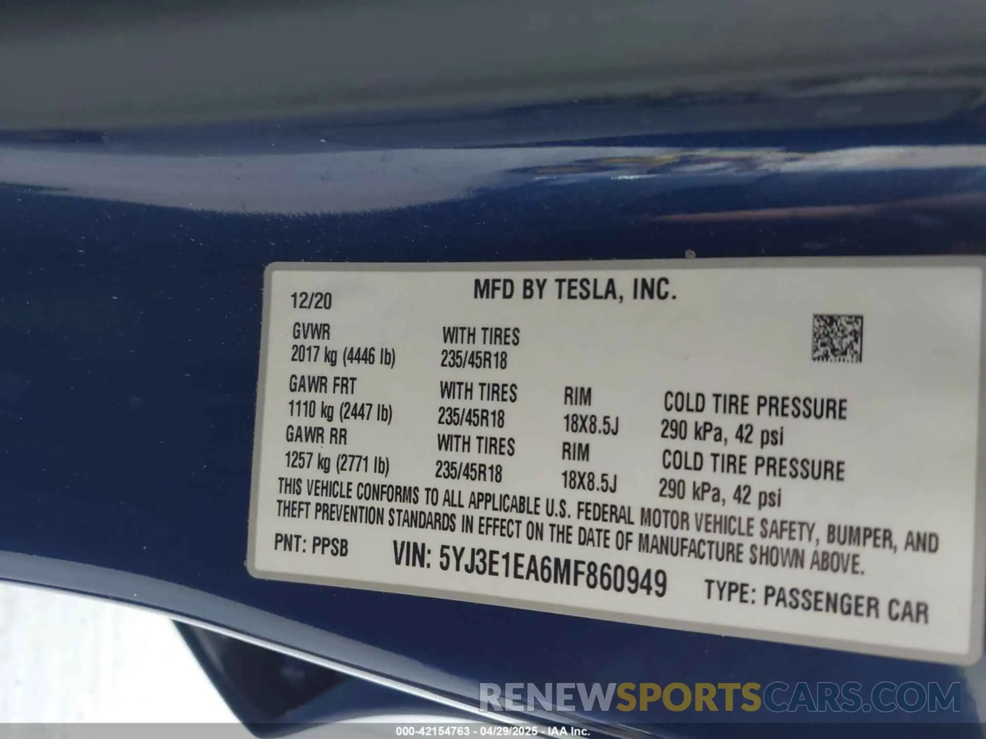 9 Фотография поврежденного автомобиля 5YJ3E1EA6MF860949 TESLA MODEL 3 2021