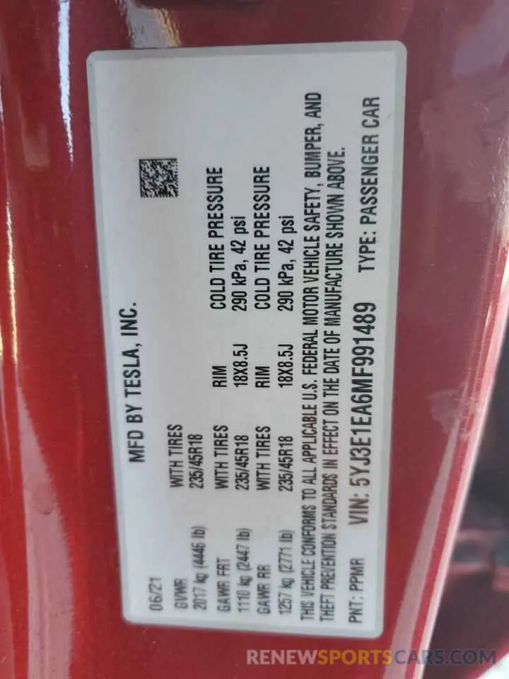 12 Photograph of a damaged car 5YJ3E1EA6MF991489 TESLA MODEL 3 2021