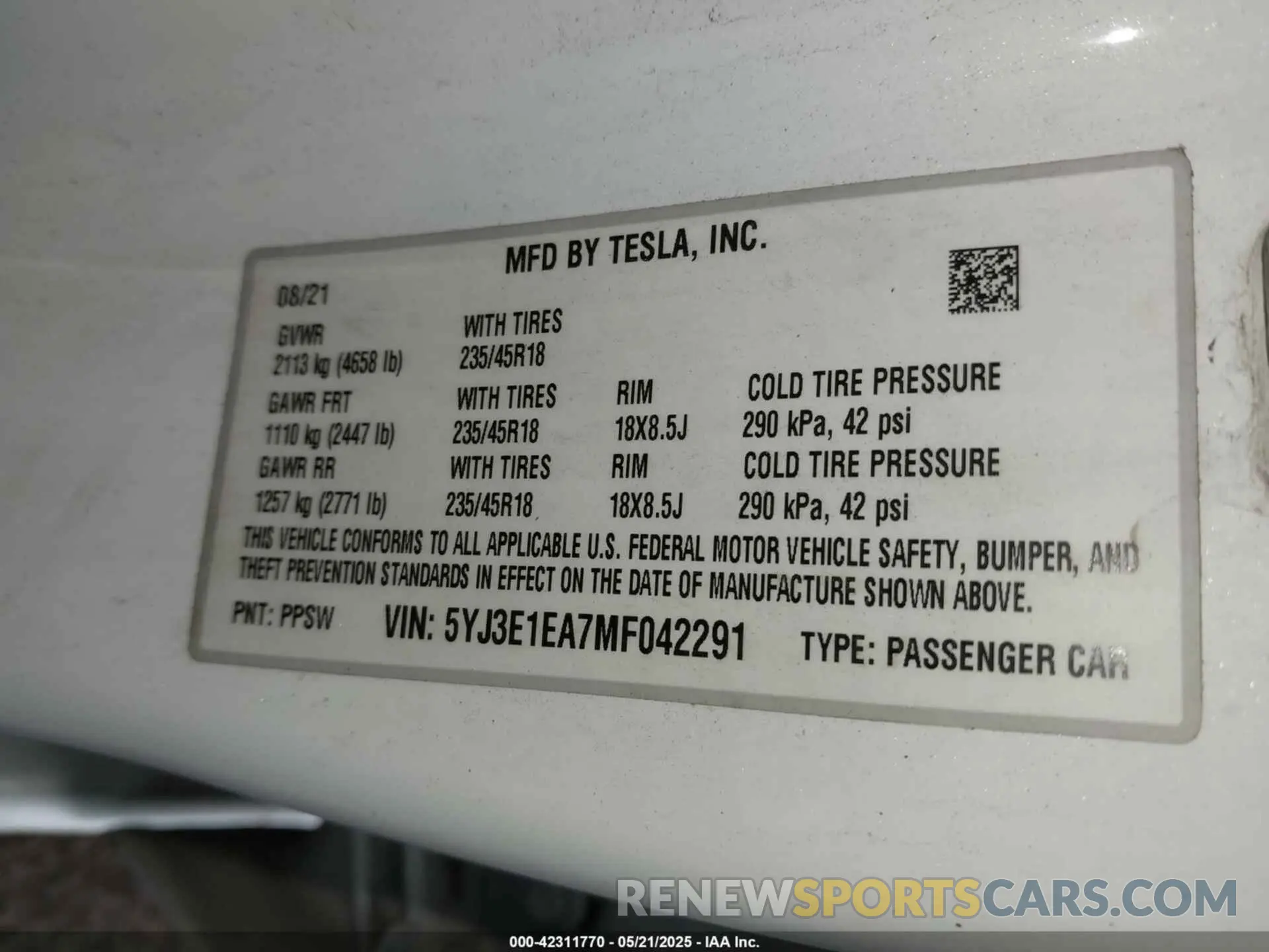9 Фотография поврежденного автомобиля 5YJ3E1EA7MF042291 TESLA MODEL 3 2021