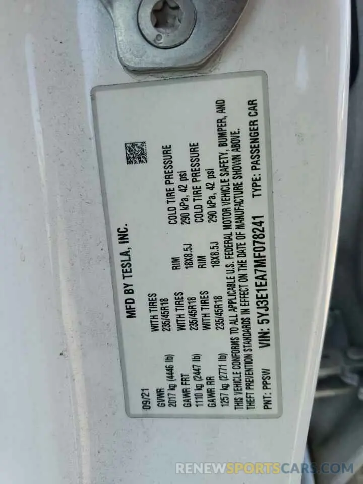 12 Фотография поврежденного автомобиля 5YJ3E1EA7MF078241 TESLA MODEL 3 2021