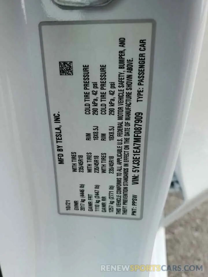 14 Фотография поврежденного автомобиля 5YJ3E1EA7MF087909 TESLA MODEL 3 2021