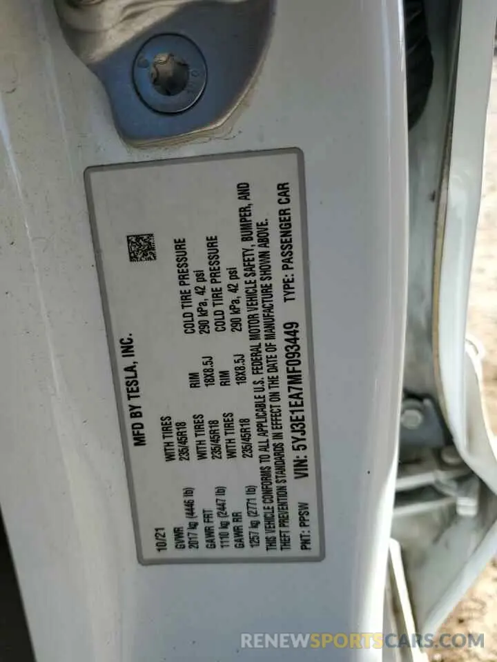 12 Photograph of a damaged car 5YJ3E1EA7MF093449 TESLA MODEL 3 2021