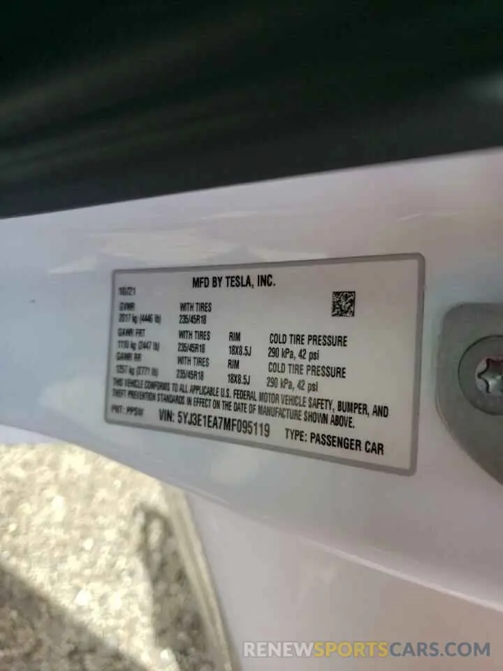10 Photograph of a damaged car 5YJ3E1EA7MF095119 TESLA MODEL 3 2021
