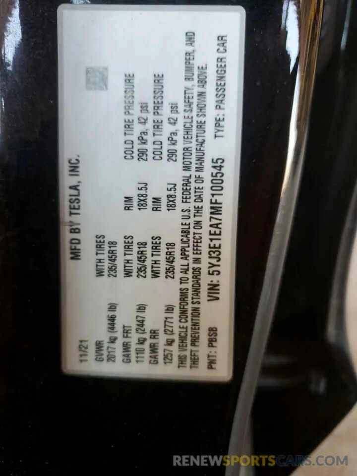 12 Photograph of a damaged car 5YJ3E1EA7MF100545 TESLA MODEL 3 2021