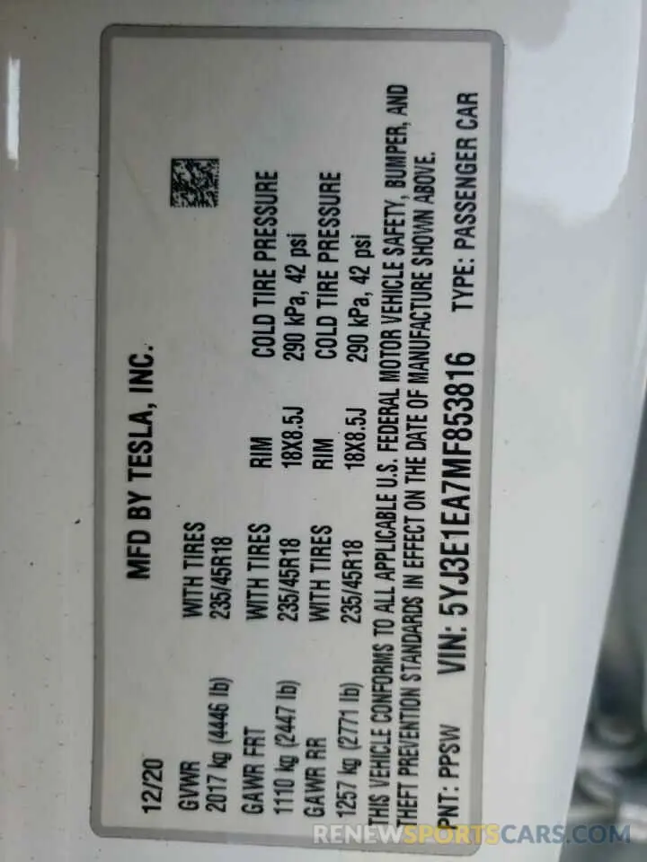 12 Photograph of a damaged car 5YJ3E1EA7MF853816 TESLA MODEL 3 2021