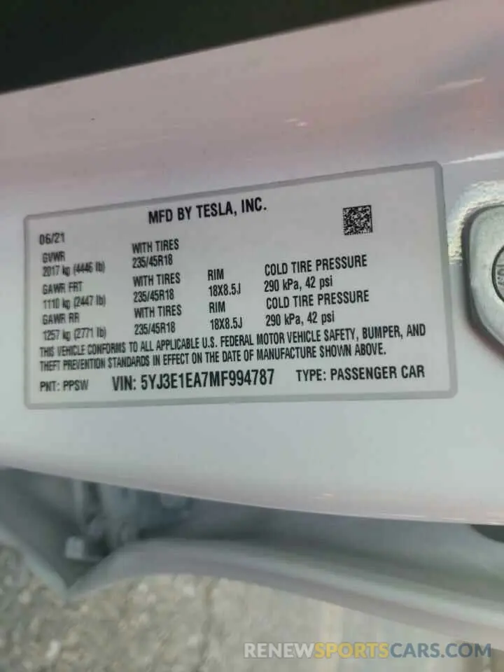 10 Фотография поврежденного автомобиля 5YJ3E1EA7MF994787 TESLA MODEL 3 2021