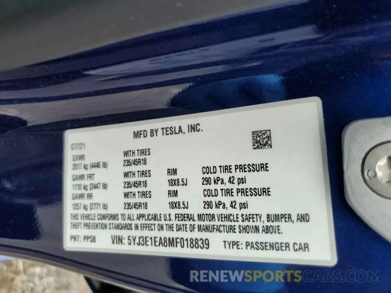 10 Photograph of a damaged car 5YJ3E1EA8MF018839 TESLA MODEL 3 2021