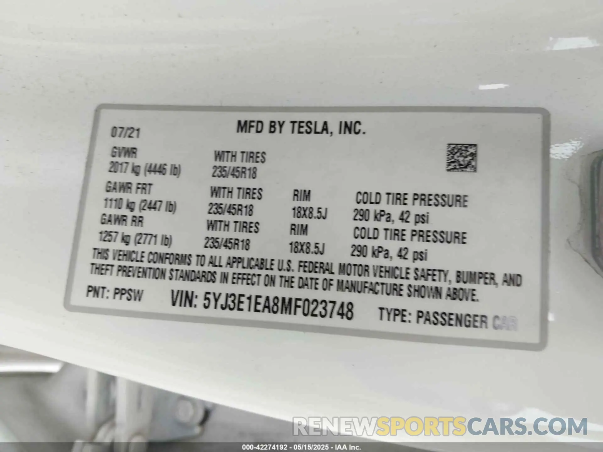 9 Фотография поврежденного автомобиля 5YJ3E1EA8MF023748 TESLA MODEL 3 2021