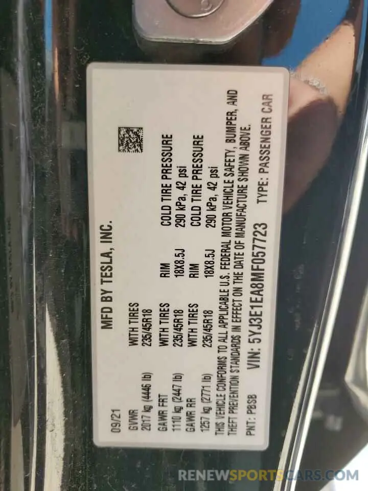12 Фотография поврежденного автомобиля 5YJ3E1EA8MF057723 TESLA MODEL 3 2021