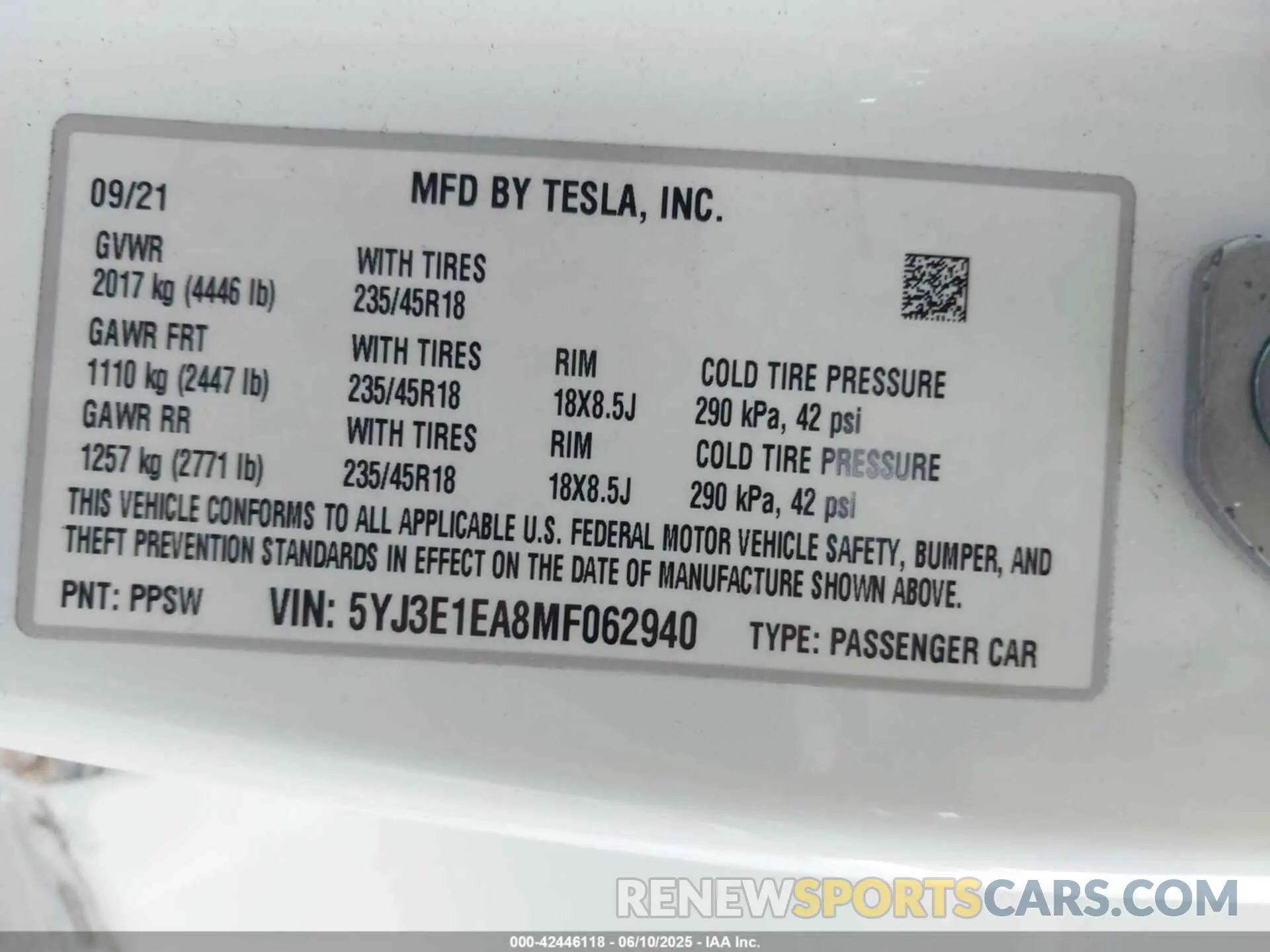 9 Фотография поврежденного автомобиля 5YJ3E1EA8MF062940 TESLA MODEL 3 2021