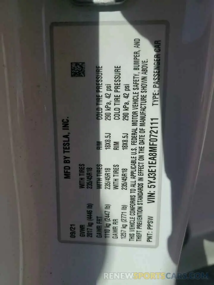 12 Photograph of a damaged car 5YJ3E1EA8MF072111 TESLA MODEL 3 2021