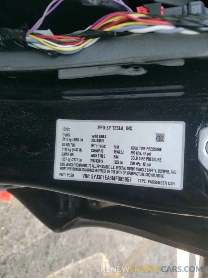 10 Photograph of a damaged car 5YJ3E1EA8MF085957 TESLA MODEL 3 2021