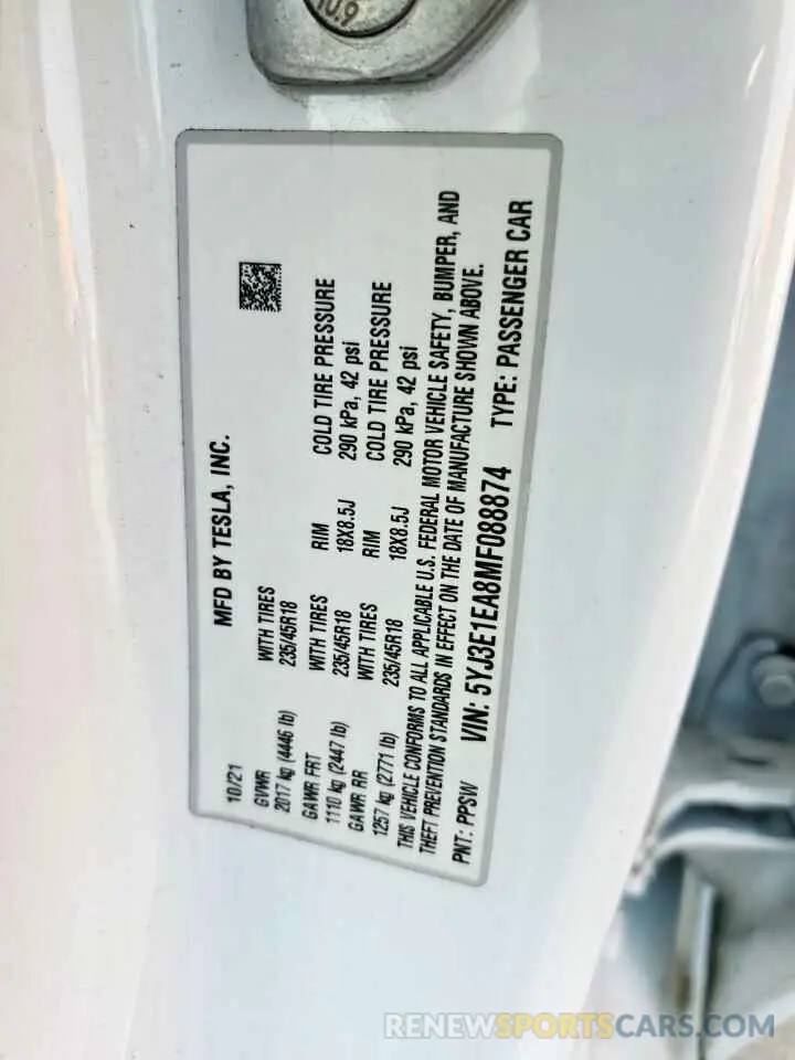12 Photograph of a damaged car 5YJ3E1EA8MF088874 TESLA MODEL 3 2021