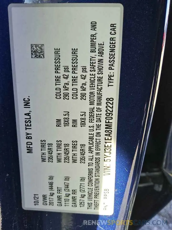 12 Photograph of a damaged car 5YJ3E1EA8MF092228 TESLA MODEL 3 2021