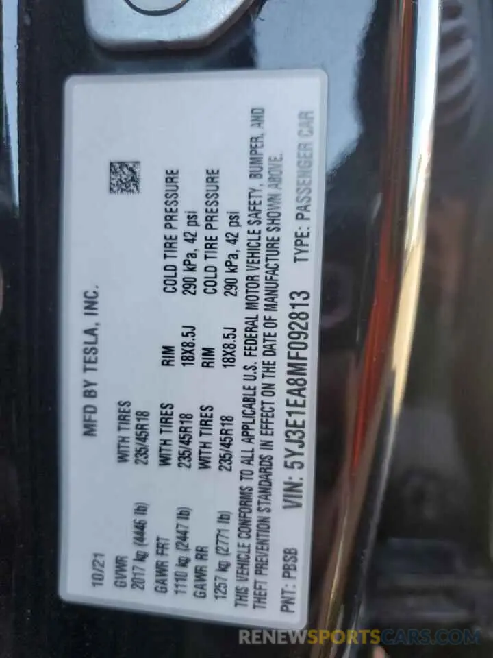 12 Фотография поврежденного автомобиля 5YJ3E1EA8MF092813 TESLA MODEL 3 2021