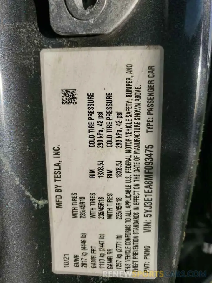 12 Photograph of a damaged car 5YJ3E1EA8MF093475 TESLA MODEL 3 2021