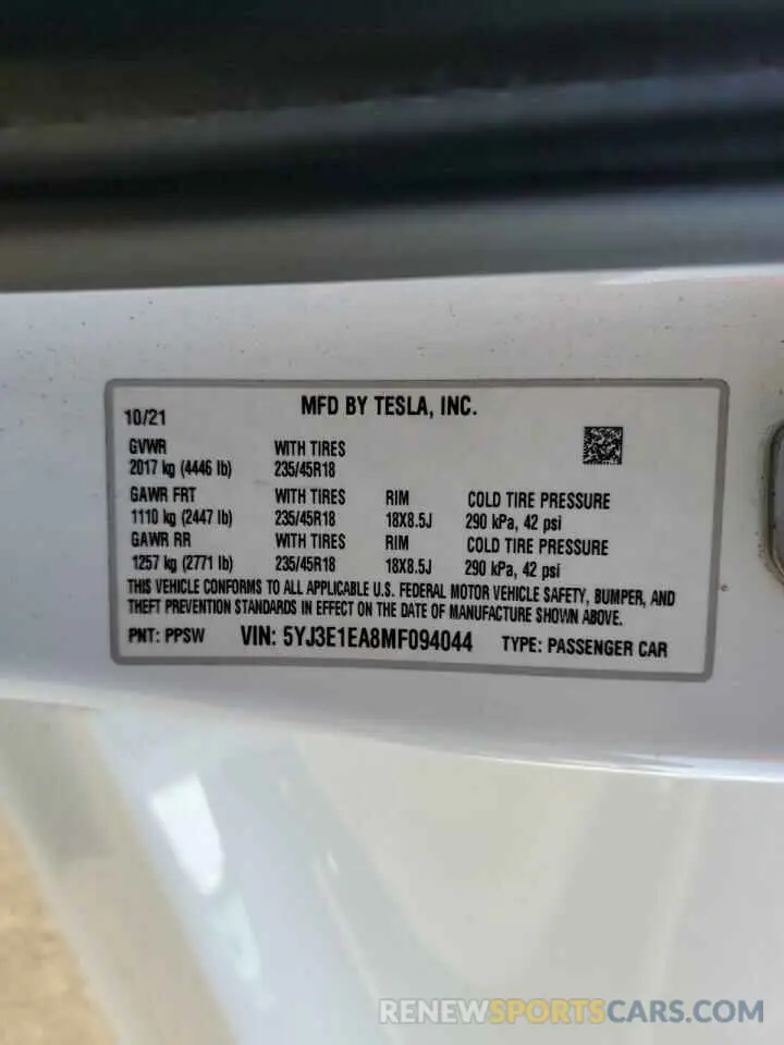 15 Photograph of a damaged car 5YJ3E1EA8MF094044 TESLA MODEL 3 2021