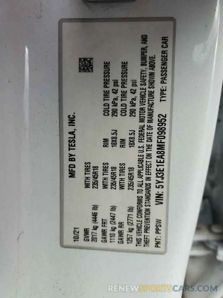 13 Photograph of a damaged car 5YJ3E1EA8MF098952 TESLA MODEL 3 2021