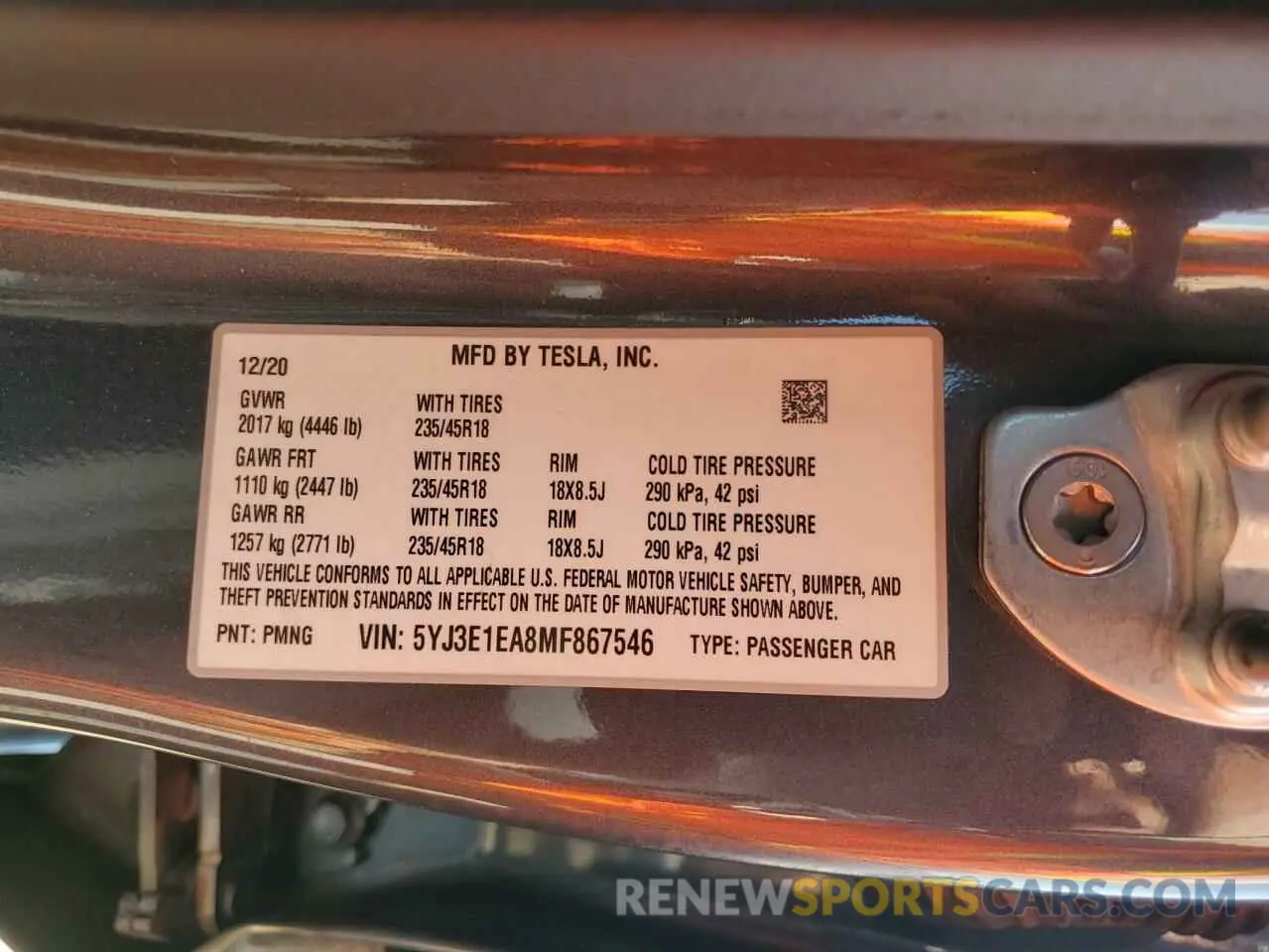 12 Фотография поврежденного автомобиля 5YJ3E1EA8MF867546 TESLA MODEL 3 2021