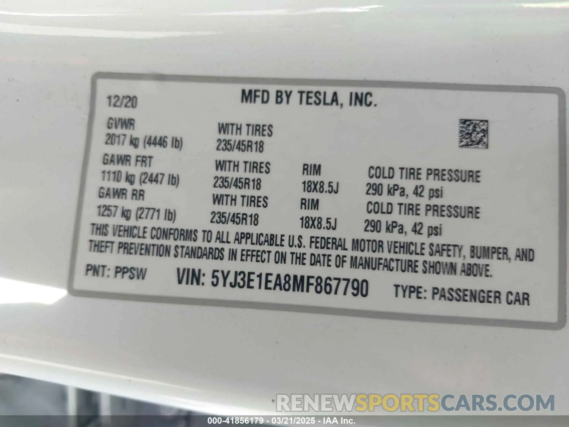9 Фотография поврежденного автомобиля 5YJ3E1EA8MF867790 TESLA MODEL 3 2021