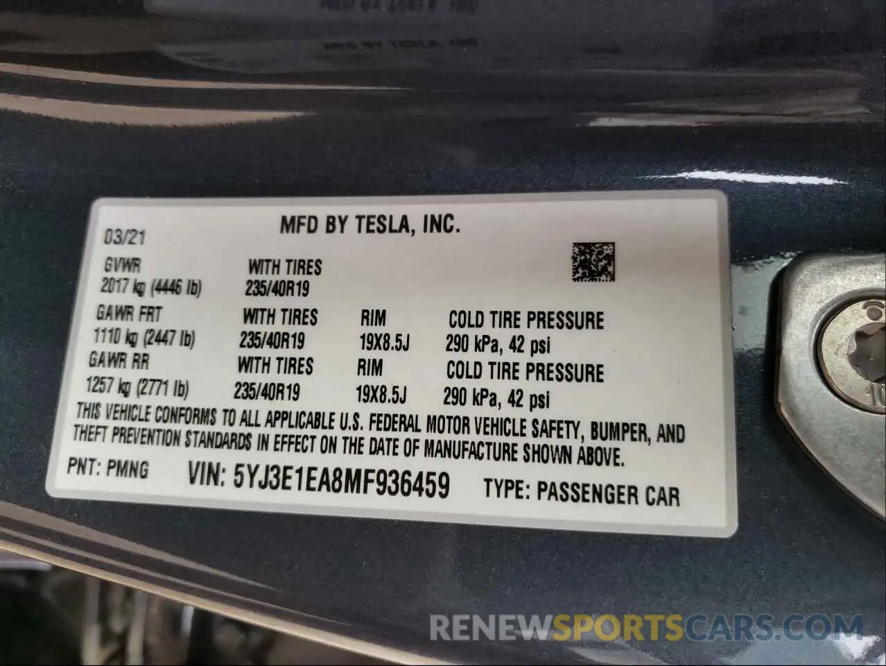 10 Photograph of a damaged car 5YJ3E1EA8MF936459 TESLA MODEL 3 2021