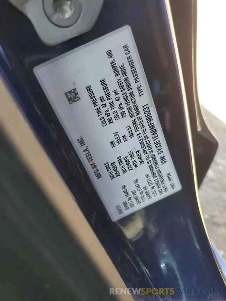 13 Фотография поврежденного автомобиля 5YJ3E1EA8MF986231 TESLA MODEL 3 2021