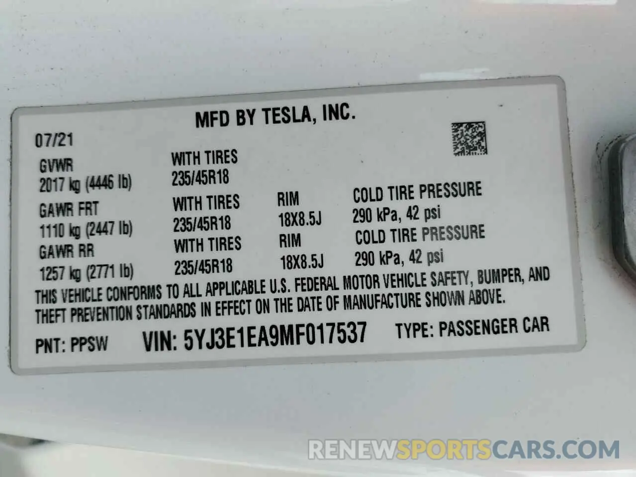 12 Фотография поврежденного автомобиля 5YJ3E1EA9MF017537 TESLA MODEL 3 2021
