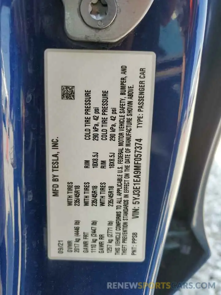 13 Photograph of a damaged car 5YJ3E1EA9MF057374 TESLA MODEL 3 2021