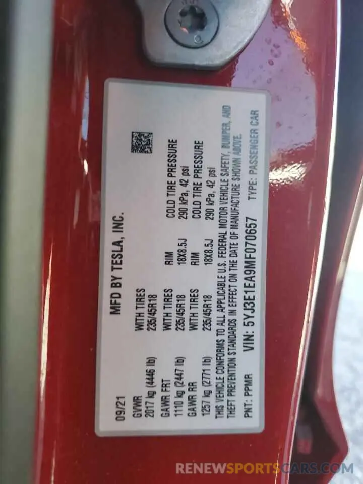 12 Фотография поврежденного автомобиля 5YJ3E1EA9MF070657 TESLA MODEL 3 2021