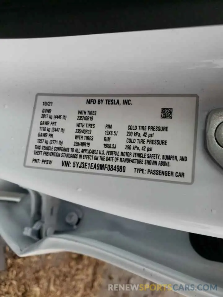 10 Photograph of a damaged car 5YJ3E1EA9MF084980 TESLA MODEL 3 2021