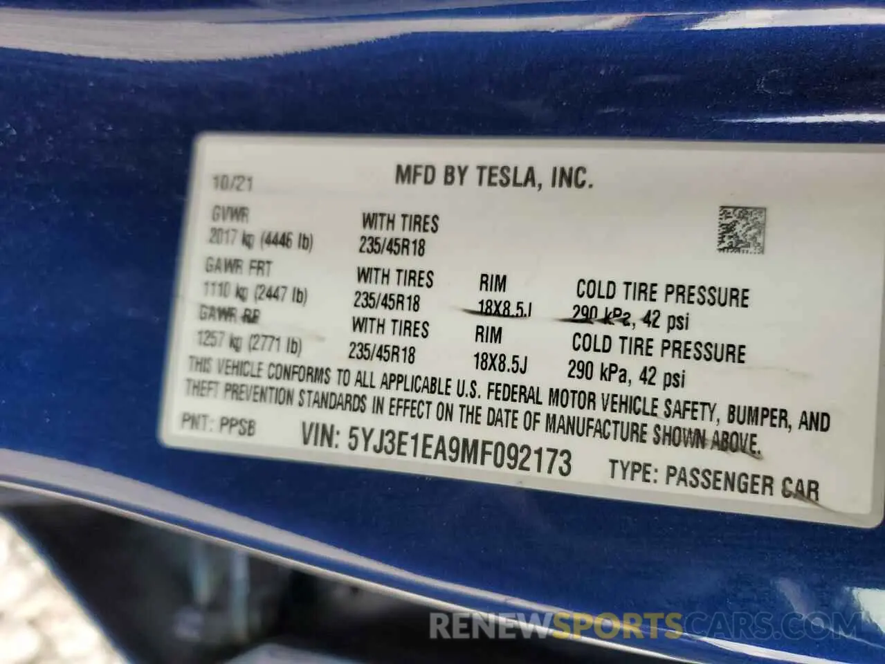12 Фотография поврежденного автомобиля 5YJ3E1EA9MF092173 TESLA MODEL 3 2021